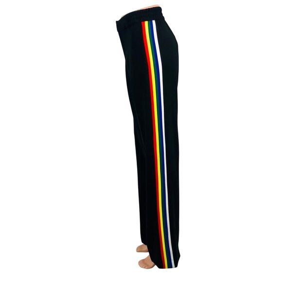 Zara Wide Leg Black Rainbow Side Stripe High Waist Pants Front Zip Flowy Fabric - Picture 2 of 16